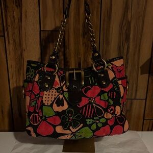 Isabella Fiore Black and Pink Floral Satchel/Shoulder Bag